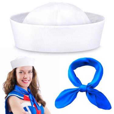 Imagem de Eurzom Fantasia de marinheiro de Halloween, chapéus brancos e cachecol azul, chapéu de capitão da marinha para adolescentes e adultos chapéu de menino barnacle, Azul, G