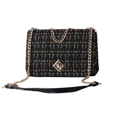 Imagem de KERYHEBN Bolsa de ombro feminina xadrez tweed grande capacidade corrente transversal bolsas quadradas noite, bolsa de mão feminina de lã clutch, Preto 1