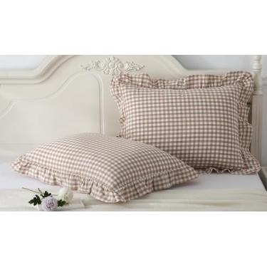 Imagem de Hycurey Fronhas xadrez com babados acastanhados 51 x 66 cm, tamanho padrão, conjunto de 2, travesseiro de cama de algodão lavado xadrez vintage para cama, sofá