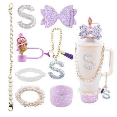 Imagem de Conjunto de acessórios de copo de 8 peças para Stanley Copo de 76 ml com alça, incluindo topo de palha, bota, alça de alça de garrafa de água, decoração de arco de palha, pulseiras, pingente de letra