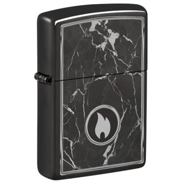 Imagem de Zippo Isqueiro de bolso preto de alto polimento com design de chama de mármore