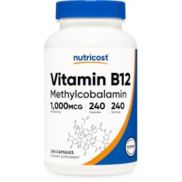 Imagem de Nutricost Vitamina B12 (metilcobalamina) 1000 mcg, 240 cápsulas – Suplemento B12 vegetariano, sem OGM e sem glúten