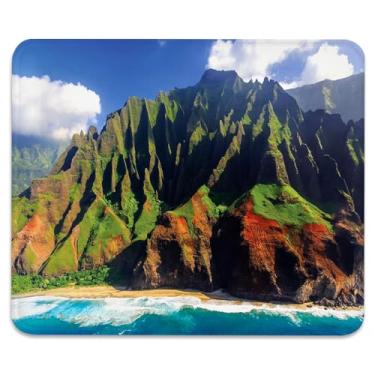 Imagem de Mouse pad base antiderrapante para jogos e escritório com bordas costuradas 24 x 19 cm - vista aérea havaiana da costa na pali Kauai Havaí montanha penhasco costa marítima, tapete de mesa de