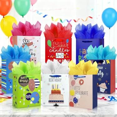 Imagem de Pacote com 4 sacos de presente de aniversário com alça de fita e papel de seda para presente de aniversário