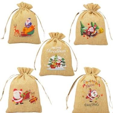 Imagem de LUKLUKTAISUN 2025 Novos sacos de cordão de juta de Natal com tema de Papai Noel, juta de Natal, linho, cordão, presente totalmente natural, saco de doces para lembrancinhas de Natal (pacote com 5)