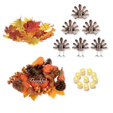 Imagem de Bluelys GALLERY Conjunto de decoração de mesa de Ação de Graças – Decorações de mesa de jantar de outono com folhagem, castiçais de peru de metal e luzes de chá de bateria – Peça central de outono