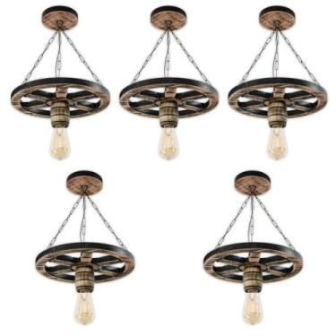 Imagem de Kit 5 Luminária Pendente Lustre Roda de Carroça em Madeira Maciça 33cm