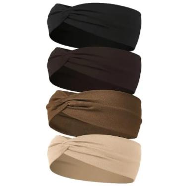 Imagem de Kit 4 Faixas de Cabeça Largas Estilo Turbante com Nó | Elásticas e Macias para Yoga, Corrida e Esportes(Conjunto 2)