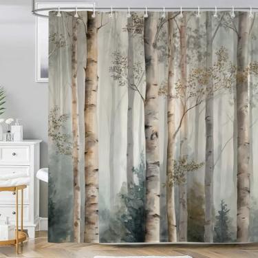 Imagem de Sokdcam Cortina de chuveiro de bétula, rústica árvore de bétula floresta paisagem natural casa de fazenda cortina de chuveiro para decoração de banheiro, cortinas de banho country com ganchos 182 x