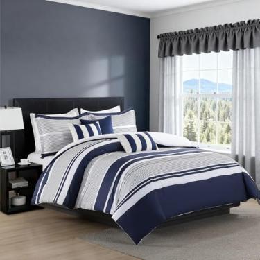 Imagem de Uniclinens Conjunto de edredom King listrado azul-marinho com 6 peças - 100% algodão, macio, leve, acolchoado, tamanho king, luxuoso conjunto de colcha com listras náuticas e fronhas decorativas, azul