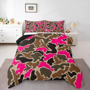 Imagem de Feelyou Conjunto de edredom solteiro de caçador de patos rosa choque, camuflagem, caça, preto, marrom, para meninos, adolescentes, estilo camuflado, respirável, selvagem, conjunto de edredom para
