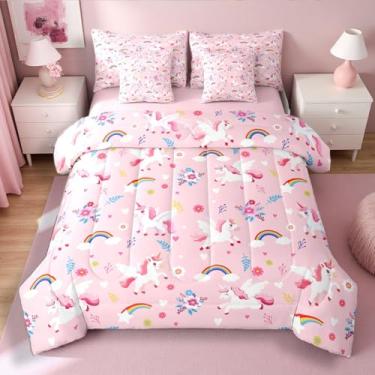 Imagem de Erosebridal Jogo de cama casal de unicórnio branco e rosa em uma bolsa, 7 peças, conjunto de lençol com estampa kawaii, flores e folhas, decoração de quarto