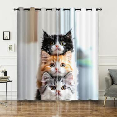 Imagem de AILONEN Kawaii, cortina de janela de gato, gatinho fofo para crianças, meninos, meninas, decoração de quarto de gatos com tema de animais de estimação, conjunto de 2 painéis, 132 cm L x 213 cm A
