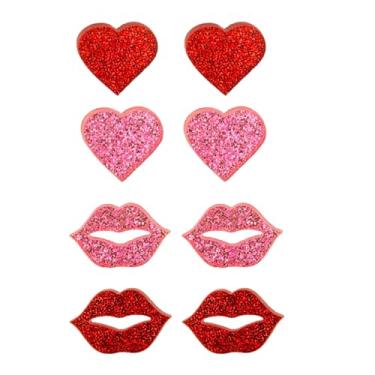 Imagem de WCRAZYE 4 pares de brincos femininos para dia dos namorados brilhante, rosa, vermelho, coração, presente, Medium, Liga de aço, Sem pedra preciosa