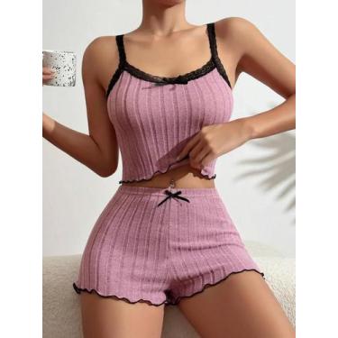 Imagem de Conjunto De Pijamas De Verão Feminino Com Renda, Top Cropped E Shorts,