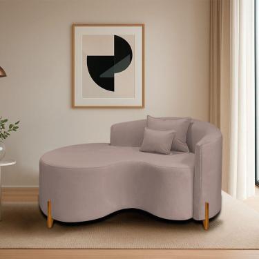 Imagem de Divã Recamier Curvo Sala De Estar Recepção Inglaterra 150cm Pés Madeira Lado Esquerdo Linho Rosê