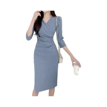 Imagem de Vestido Feminino Elegante Com Decote Em V E Manga 3/4, Vestido Justo A