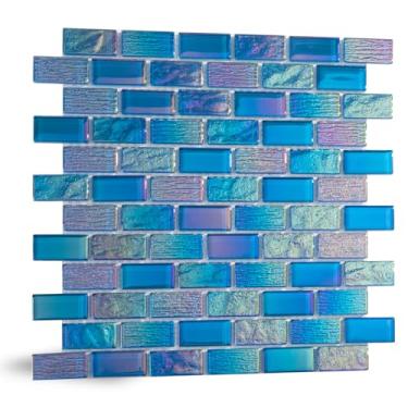 Imagem de Soulscrafts Mosaico de vidro, fundo de mosaico de vidro para piscina, 30,5 x 30,5 cm, para piscina, cozinha, banheiro, tijolo, azul iridescente, 5 folhas