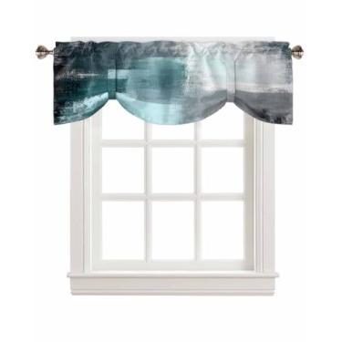 Imagem de Cortinas de amarrar turquesa ombré para janelas, arte abstrata cinza pintura a óleo moderna Rod Pocket Tie Up Valance, tratamento de janela curta ajustável para cozinha, sala de estar, banheiro, 137 x