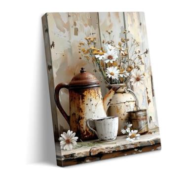 Imagem de gaosoul Arte de parede em tela de flor de fazenda bule de chá rústico lata de leite transbordando com margaridas brancas flores silvestres amarelas em prateleira de madeira envelhecida pintura a óleo