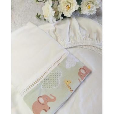 Imagem de Jogo de Lençol 2 Peças Berço Americano (Lençol com Elástico e Fronha) - Malha 100% Algodão Tema Animais - Acabamento Ponto Palito e Barrado (Palha/Verde)