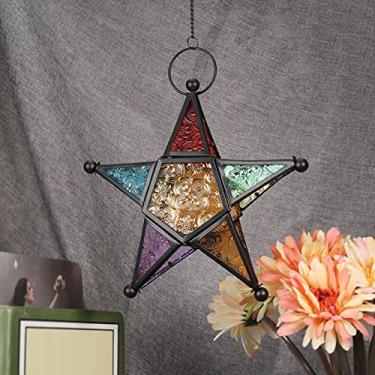 Imagem de GLOGLOW Lanterna Estrela Marroquina, Suporte de Vela Suspenso de Vidro Colorido, Luminária Decorativa Vintage de Ferro para Uso Em Jardim Doméstico e Pátio (Preto)