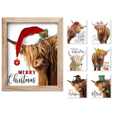 Imagem de YPY Highland Cow Decorações de Natal Imagens de Vaca Fazenda Decoração de Parede Arte em Tela com 7 Frases de Feriado Intercambiáveis, Moldura de Madeira Rústica Arte de Natal para Casa Interior