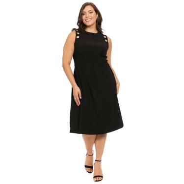 Imagem de London Times Vestido midi feminino elegante sem mangas com detalhes de botão para convidados de casamento e profissionais de escritório, Preto, 50