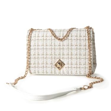 Imagem de KERYHEBN Bolsa de ombro feminina xadrez tweed grande capacidade corrente transversal bolsas quadradas noite, bolsa de mão feminina de lã clutch, Branco-1