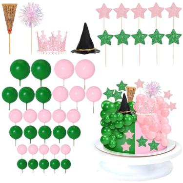 Imagem de Toppers de bolo de bruxa verde suprimentos de decoração de bolo de princesa rosa com bolas de topo de bolo, coroa, vassoura, varinhas de fogos de artifício e chapéu preto para decoração de bolo de