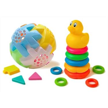 Imagem de Kit Brinquedos Educativos Bola Didática Peças para Encaixar e Patinho Blocos de Montar Quebra-Cabeça Linha Premium M5 Armarinhos