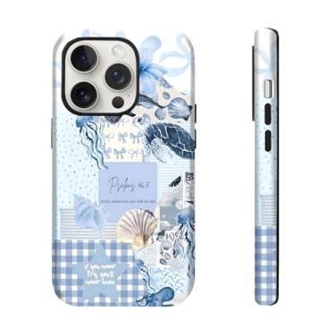 Imagem de QUENCASETS Capa compatível com iPhone 16E, compatível com MagSafe, coquete azul praiano, colagem costeira, capa de telefone bonita e bonita (azul, para iPhone 16E)