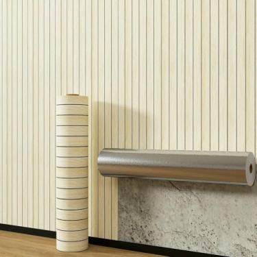 Imagem de Papel de parede 3D ranhurado grade de madeira papel de parede autoadesivo à prova d'água e à prova de umidade para sala de estar banheiro e cozinha renovação de parede marrom claro grão de madeira 40