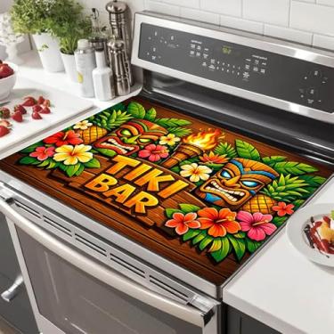 Imagem de HOMETITUTE Capas superiores de fogão de verão para fogão elétrico 71 x 50 cm máscara de ilha tropical tocha de vidro resistente ao calor protetor de fogão capa decorativa para cozinha café bar