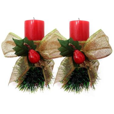 Imagem de Kit 2 Velas Vermelhas Decorativas Para Natal Com Laço Dourado e Fruta