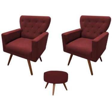 Imagem de Kit 2 Poltronas Decorativa Aurora + 1 Puff Redondo Suede Marsala Pés M