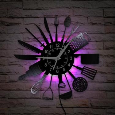 Imagem de TIMEGLOW Relógio de parede de cozinha de 30 cm, 7 tipos de cores de LED, conjunto de cozinha, relógio de parede com mostrador de garfo e colher, disco de vinil silencioso, relógio de parede com luz