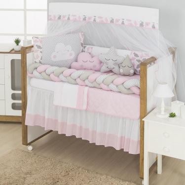 Imagem de Kit Berço 13 Peças Tecido Misto Trança Nuvem Almofadas Rosa