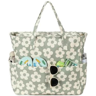 Imagem de LEDAOU Bolsa de praia feminina à prova d'água à prova de areia, bolsa de piscina com zíper para academia, compras, viagem, com bolso molhado, Flor grande verde, Large