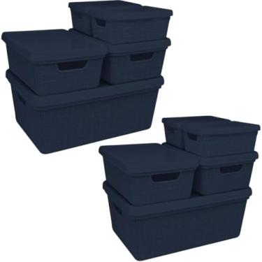 Imagem de Caixa Organizadora com Tampa Kit 10 Peças Cesto Grande em Plástico 1,8 L 5 L 15 L - Rede Brink e Lar (Azul Marinho)
