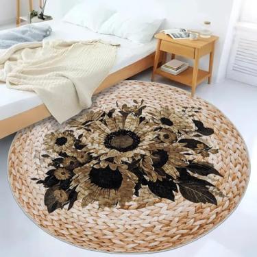 Imagem de Lacomfy Tapete floral Boho 1,2 m redondo girassóis tapete para quarto de meninas, casa de fazenda, sala de estar, sala de jantar, círculo, flores escuras, rústico, impresso em vime, gasto, retrô