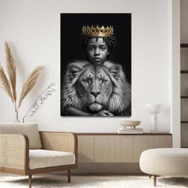 Imagem de Quadro Decorativo para Sala Quarto Hall 130x90 Leão Menino Principe Africano Coroa Preto