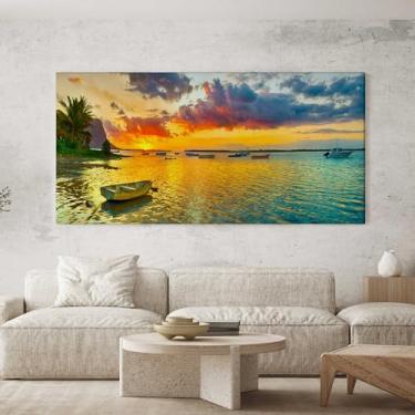 Imagem de Quadro Decorativo para Sala Quarto Hall 100x50 Barcos Praia Paisagem Horizontal Grande Decoração Parede Tela