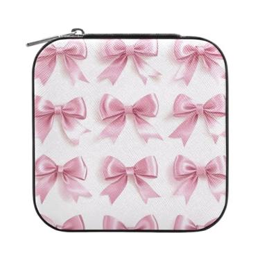 Imagem de Burbuja Caixa de joias com laços cor-de-rosa dos namorados, mini estojo de joias de viagem para mulheres e meninas, organizador de joias para brincos, anéis, colares e pulseiras