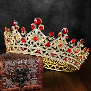 Imagem de Coroa de Rainha Rubi e Tiara para mulheres e meninas, fantasia de coroa de princesa barroca completa de strass para casamento, aniversário, festa de formatura, concurso de Halloween (ouro e vermelho)