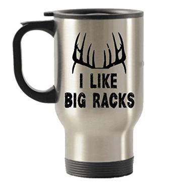 Imagem de Caneca de viagem masculina de caça de veados - I Like Big Racks - Ideias de presente exclusivas para caçadores, caneca de viagem isolada de aço inoxidável