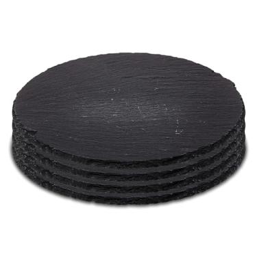 Imagem de Sisson Distribution Tábuas de queijo redondas de ardósia – Conjunto de 4 pratos de pedra preta de 20 cm de diâmetro, bandejas de charcutaria, perfeitas para festas, presentes, aperitivos, carne