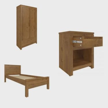 Imagem de Dormitório Solteiro Cama Mesa de Cabeceira e Guarda Roupa Madma P&C ArteMobili Garapa