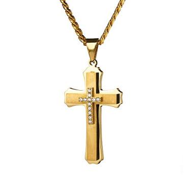 Imagem de Colar de cruz clássico masculino prata ouro preto aço inoxidável cruz de Cristo crucifixo colar pingente joia religiosa corrente caixa de presente 54 centímetros, standard, Aço inoxidável, Zircônia
