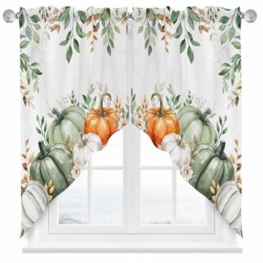 Imagem de Saia de outono branco verde abóbora bolso janela tratamento pastoral flores caindo folhas recortadas swag cortinas de cozinha para sala de estar banheiro janela, 1 par, 71 cm L x 91 cm C